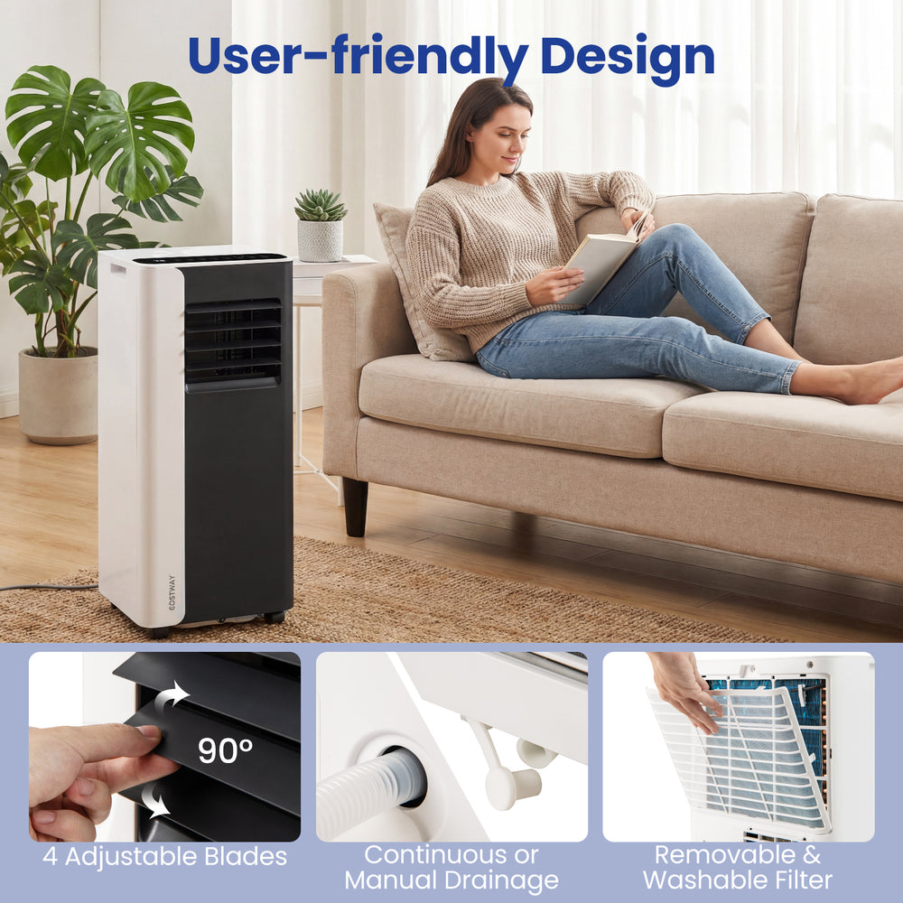 Portable air conditioner with remote control, 8000 BTU cooling, and adjustable blades for versatile comfort in any.