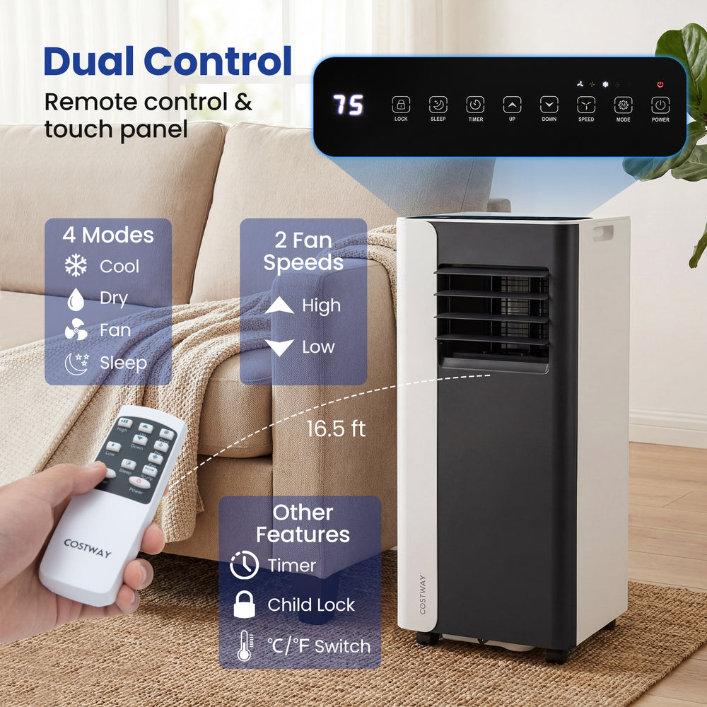 8000 BTU portable air conditioner with remote control, featuring cooling, fan, and dehumidifier modes for versatile.