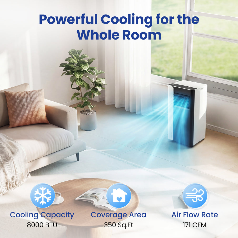 Portable 8000 BTU air conditioner in a living room, providing cooling, fan, and dehumidifier functions for comfort.