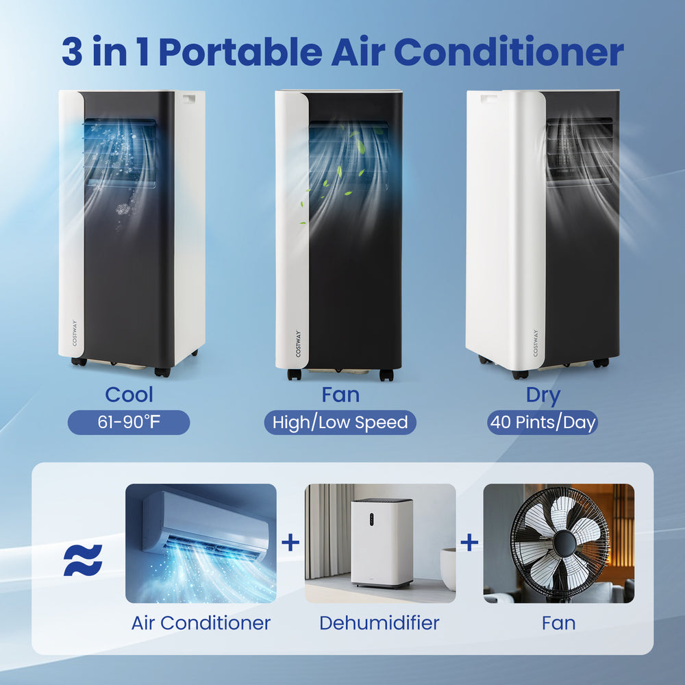 8000 BTU portable air conditioner with fan and dehumidifier, featuring remote control, 3 modes, and low noise operation.
