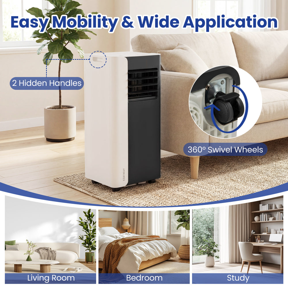 Portable 8000 BTU air conditioner with 360° swivel wheels, remote control, and versatile design for easy mobility.