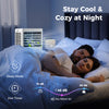 Portable air conditioner in sleep mode, cooling a bedroom quietly, featuring a 24H timer and 8000 BTU capacity.
