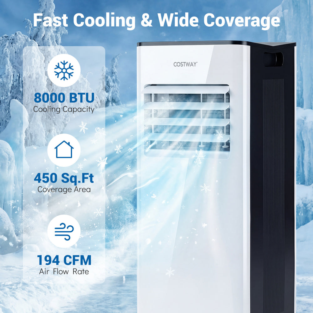 Portable 8000 BTU air conditioner with LED display, cooling 450 sq. ft., featuring smart controls and universal wheels.