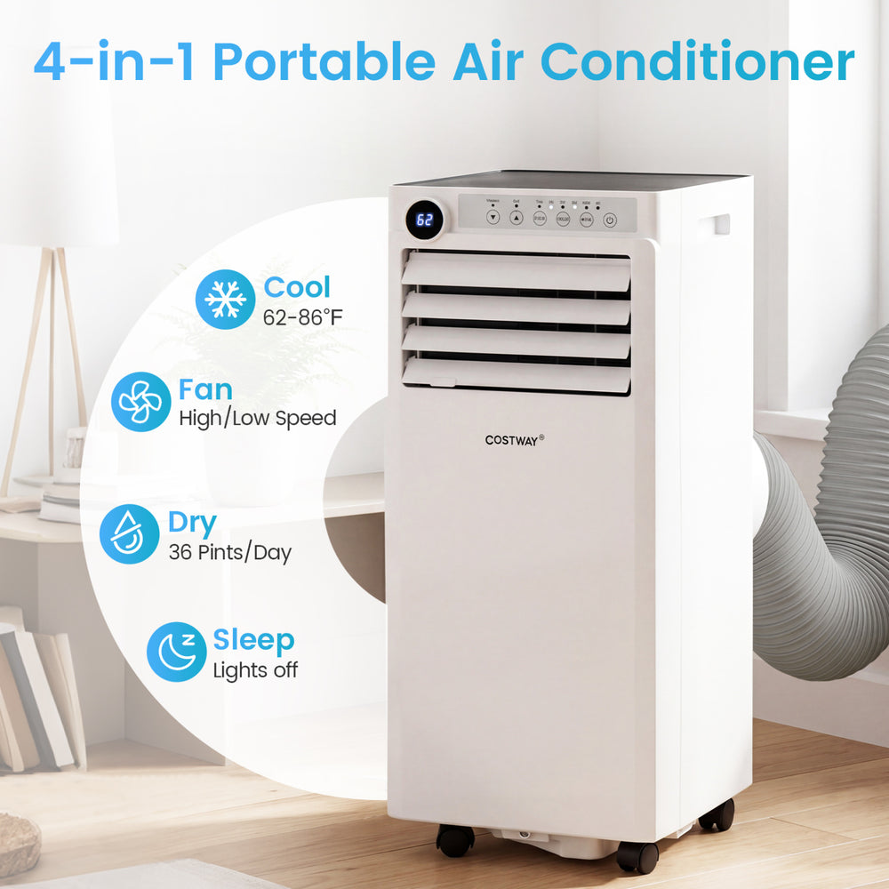 Portable 8000 BTU air conditioner in white with cooling, fan, dry, and sleep modes, ideal for apartments and offices.