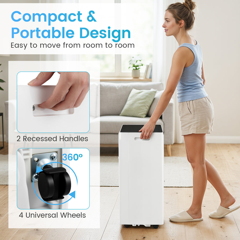 Portable 8000 BTU air conditioner with 360° wheels and recessed handles for easy movement between rooms.