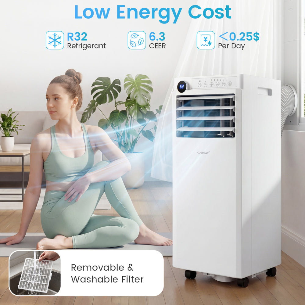 Portable 8000 BTU air conditioner in white with remote control, featuring a washable filter and 24H timer for efficient cooling.