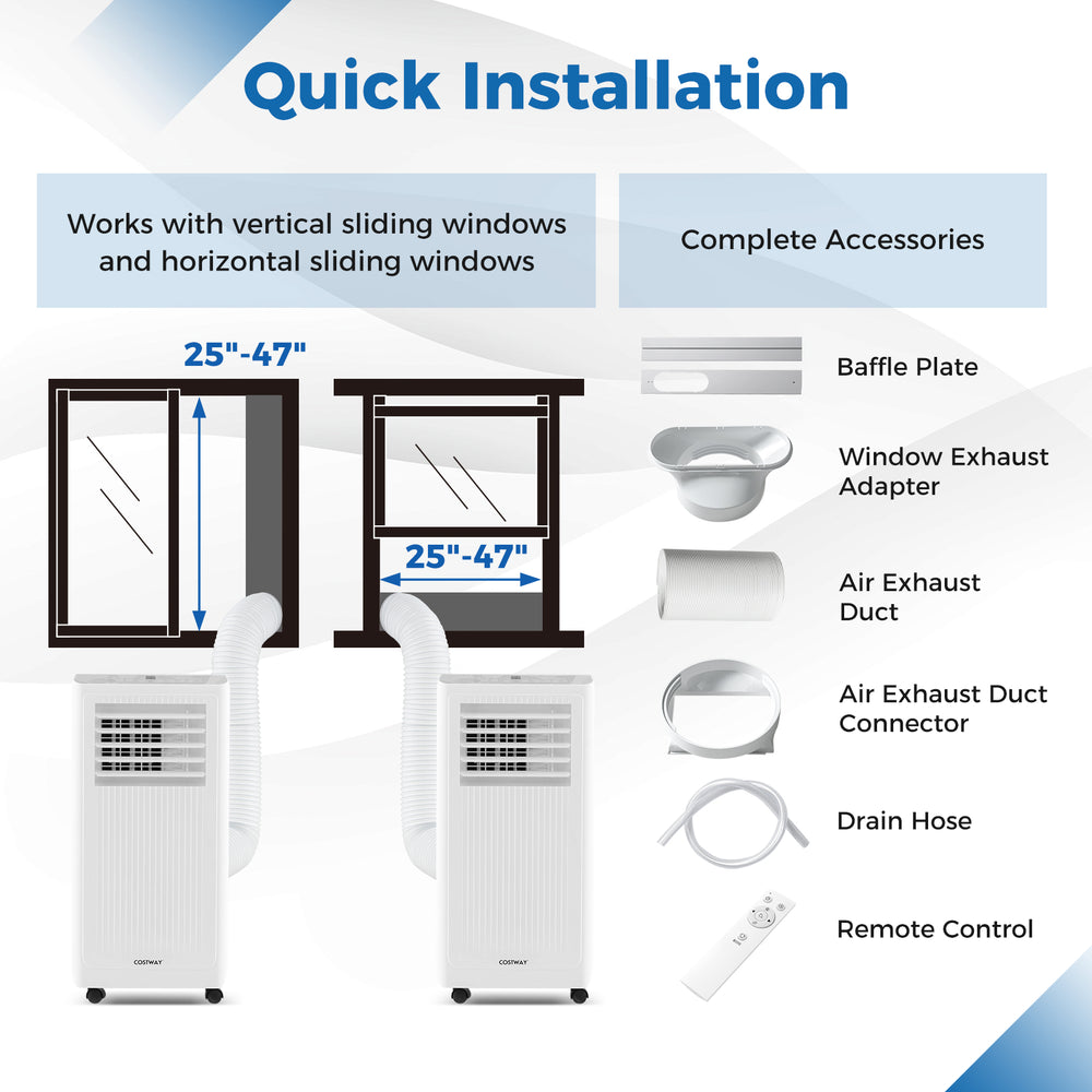 8000 BTU portable air conditioner with complete installation accessories, ideal for cooling, dehumidifying, and fan use.