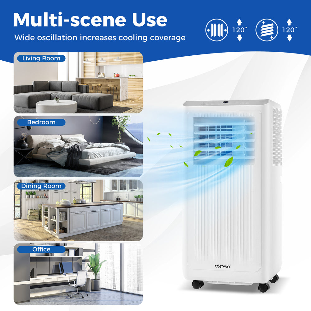 8000 BTU portable air conditioner with remote control, ideal for living rooms, bedrooms, and offices for versatile.
