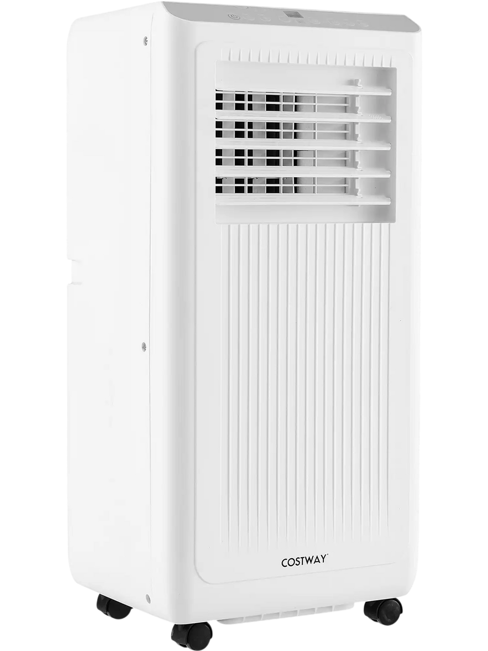Portable 8000 BTU air conditioner with fan and dehumidifier, featuring a touch panel and wheels for easy mobility.