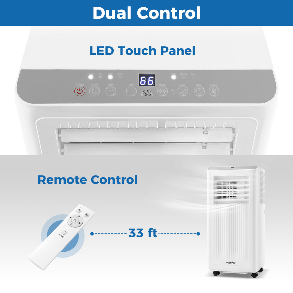 Portable 8000 BTU air conditioner with LED touch panel and remote control, ideal for cooling and dehumidifying rooms.