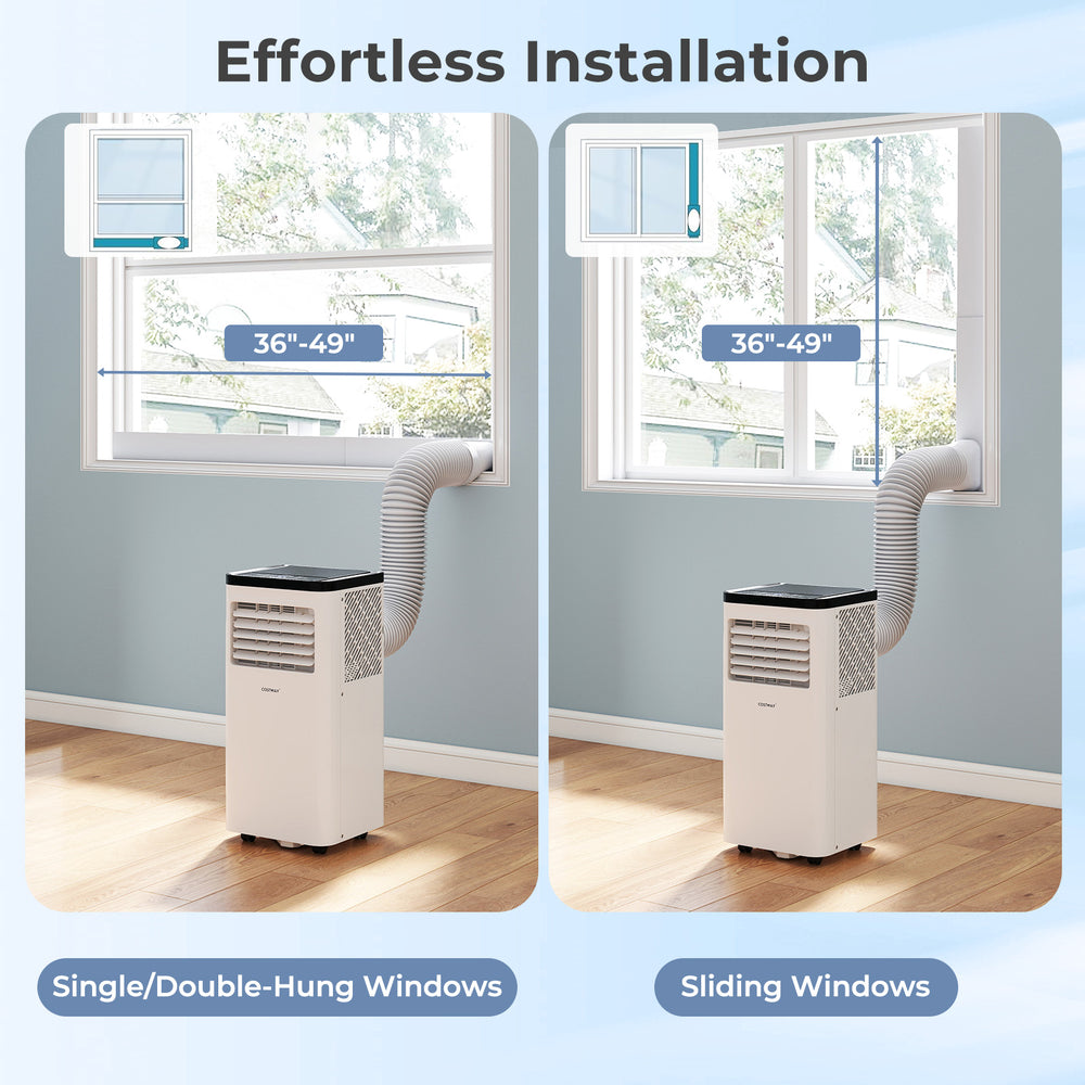 Installation guide for 8000 BTU portable air conditioner, fitting single/double-hung and sliding windows 36"-49".