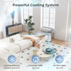 8000 BTU portable air conditioner in a modern living room, designed for spaces up to 350 sq. ft. with quiet operation.