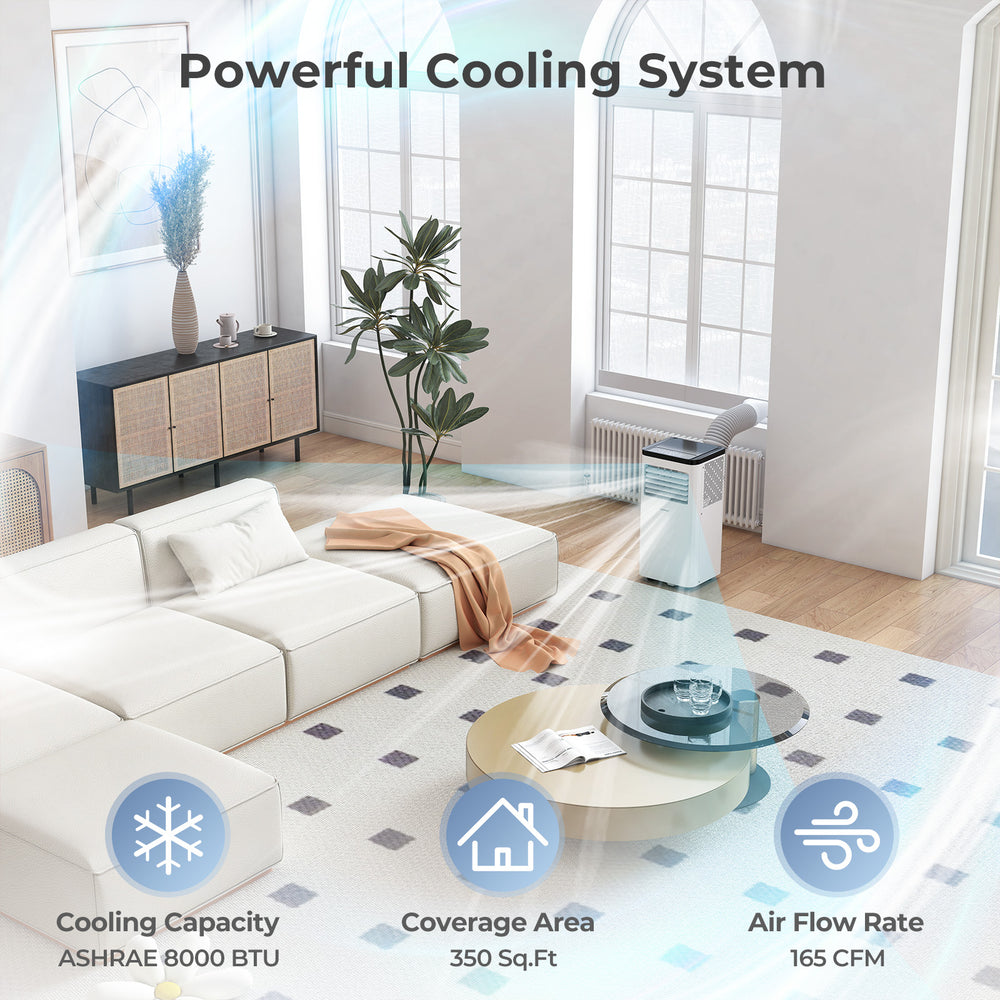 8000 BTU portable air conditioner in a modern living room, designed for spaces up to 350 sq. ft. with quiet operation.