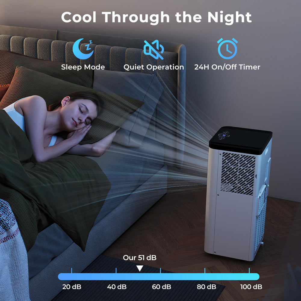 Portable 8000 BTU air conditioner in sleep mode, designed for large rooms up to 350 sq. ft., ensuring quiet comfort.