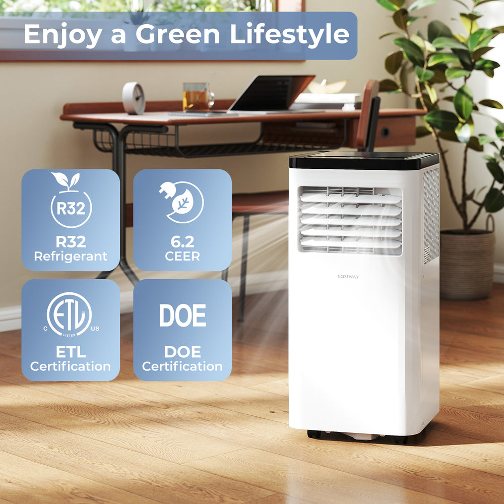 Portable 8000 BTU air conditioner with digital panel, R32 refrigerant, and 3-in-1 design for rooms up to 350 sq. ft.