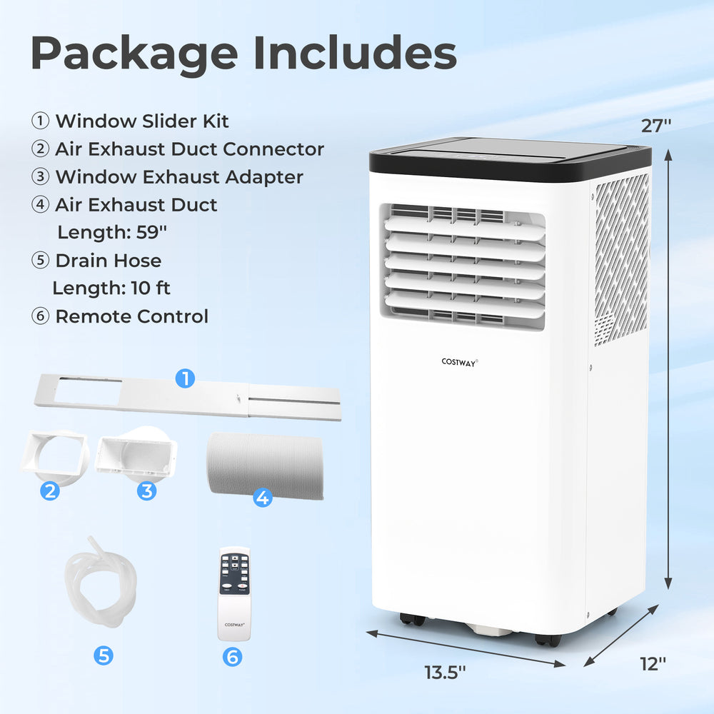 8000 BTU portable air conditioner with window kit, remote control, and 10 ft drain hose for easy installation and.