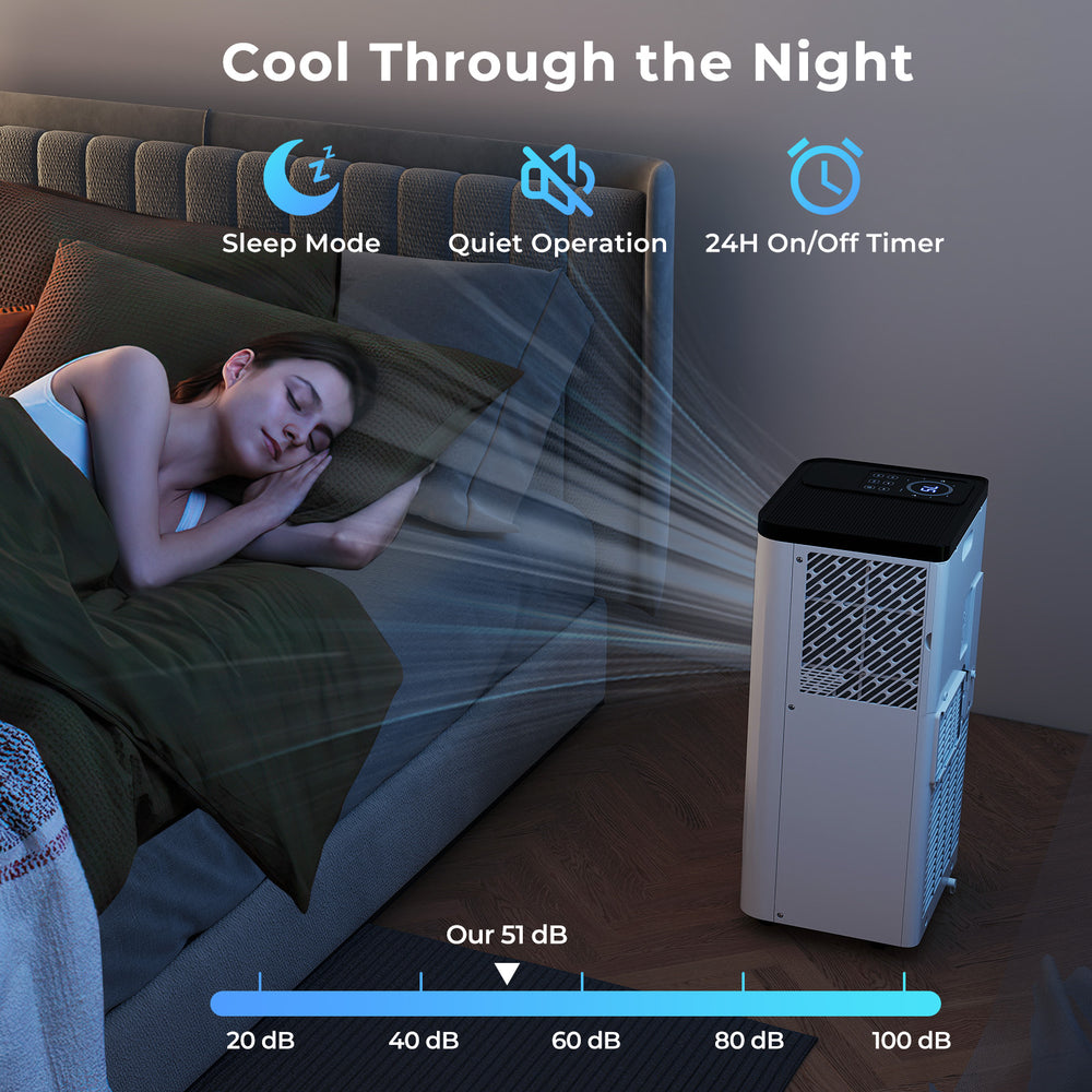 8000 BTU portable air conditioner in sleep mode, designed for rooms up to 350 sq. ft., featuring quiet operation and a.