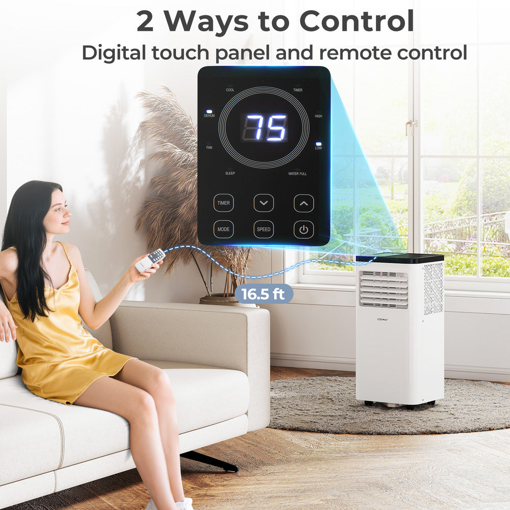 Portable air conditioner with digital touch panel and remote control, ideal for rooms up to 350 sq. ft.