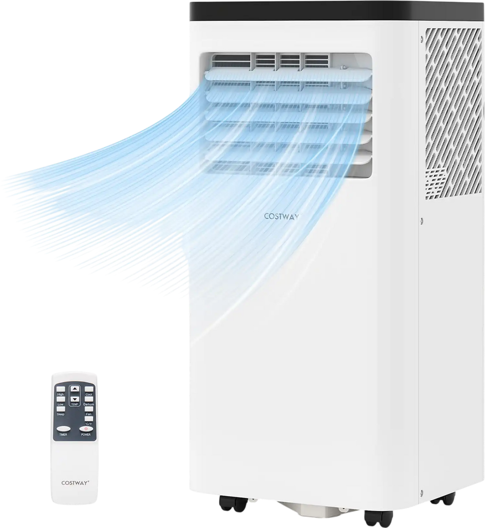 8000 BTU portable air conditioner with remote control, designed for rooms up to 350 sq. ft., featuring cooling and.