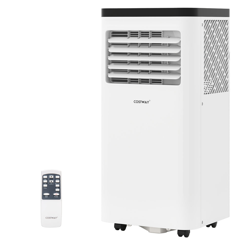8000 BTU portable air conditioner with remote control, designed for rooms up to 350 sq. ft., featuring 3-in-1.