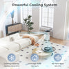 8000 BTU portable air conditioner in a modern living room, designed for 350 sq. ft. with fan and dehumidifier functions.