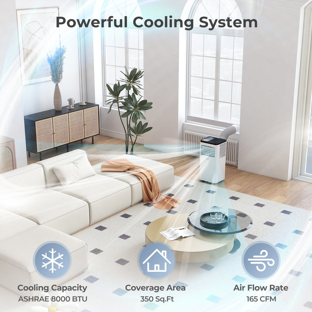 8000 BTU portable air conditioner in a modern living room, designed for 350 sq. ft. with fan and dehumidifier functions.
