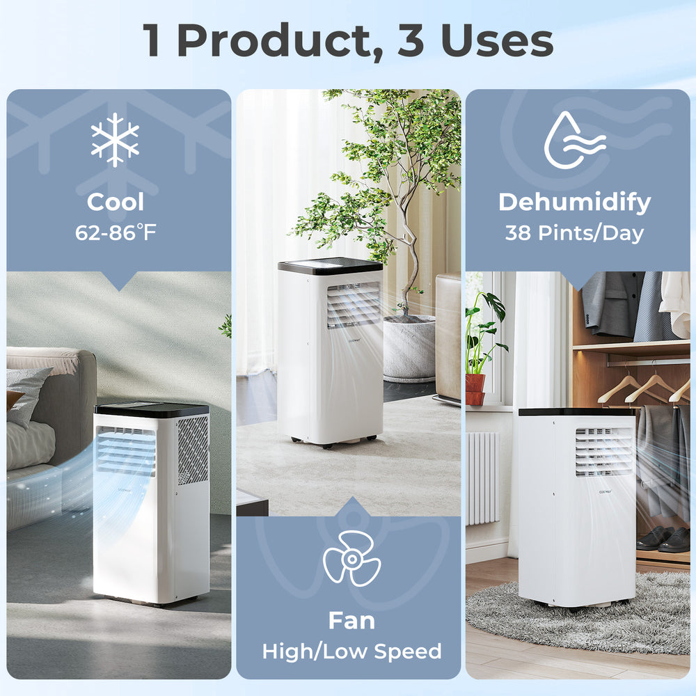 8000 BTU portable air conditioner with fan and dehumidifier, designed for rooms up to 350 sq. ft., featuring a digital.