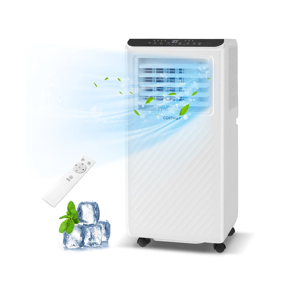 8000 BTU portable air conditioner with remote control, fan, and dehumidifier features, ideal for versatile cooling.