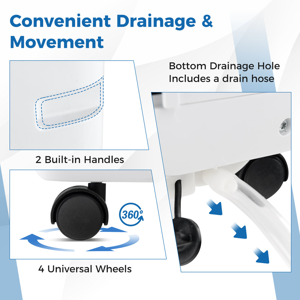 Convenient drainage features of the 8000 BTU portable air conditioner with built-in handles and 360° universal wheels.
