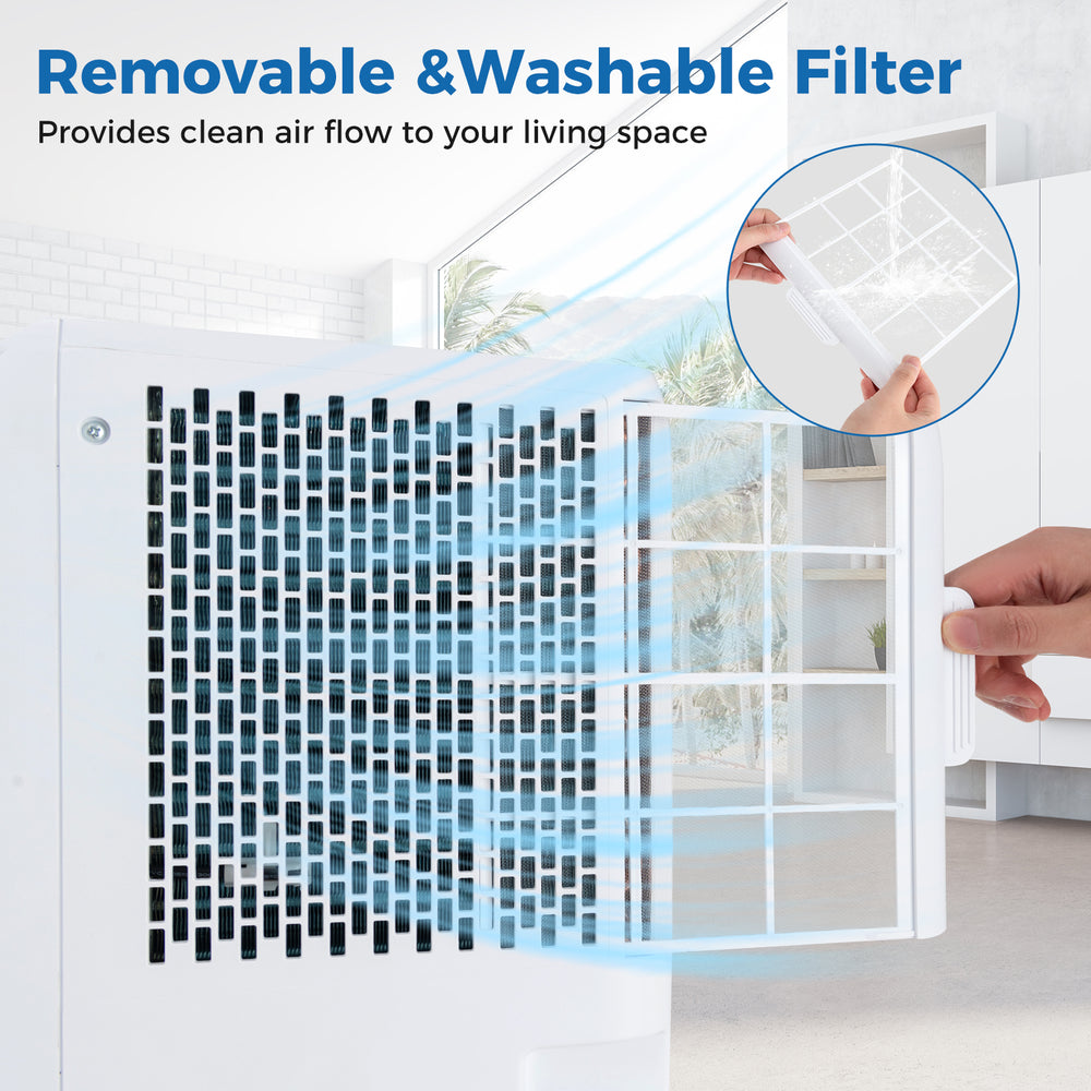 Removable and washable filter of the 8000 BTU portable air conditioner ensures clean air flow for your living space.