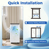 Portable air conditioner installation guide showing setup for vertical and horizontal sliding windows, 8000 BTU cooling.