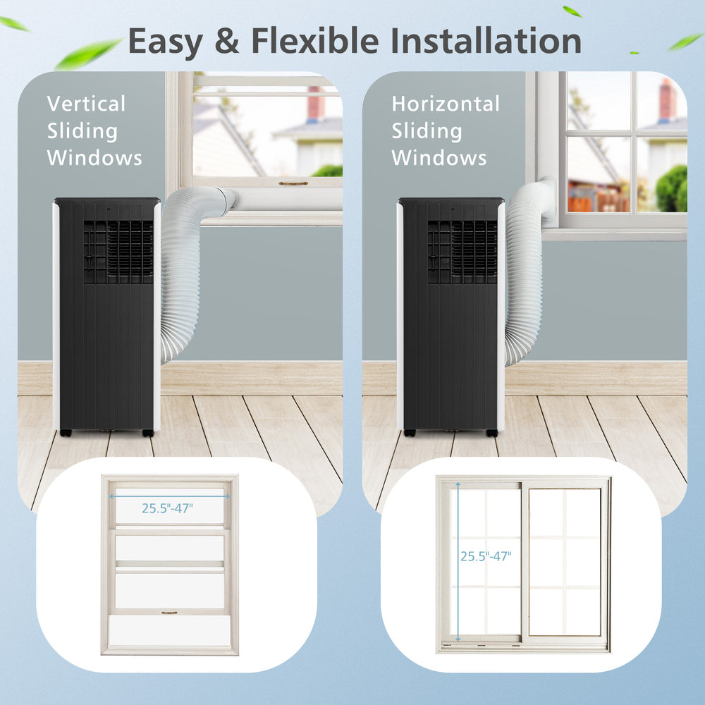 Portable air conditioner installation options for vertical and horizontal sliding windows, featuring easy setup and.