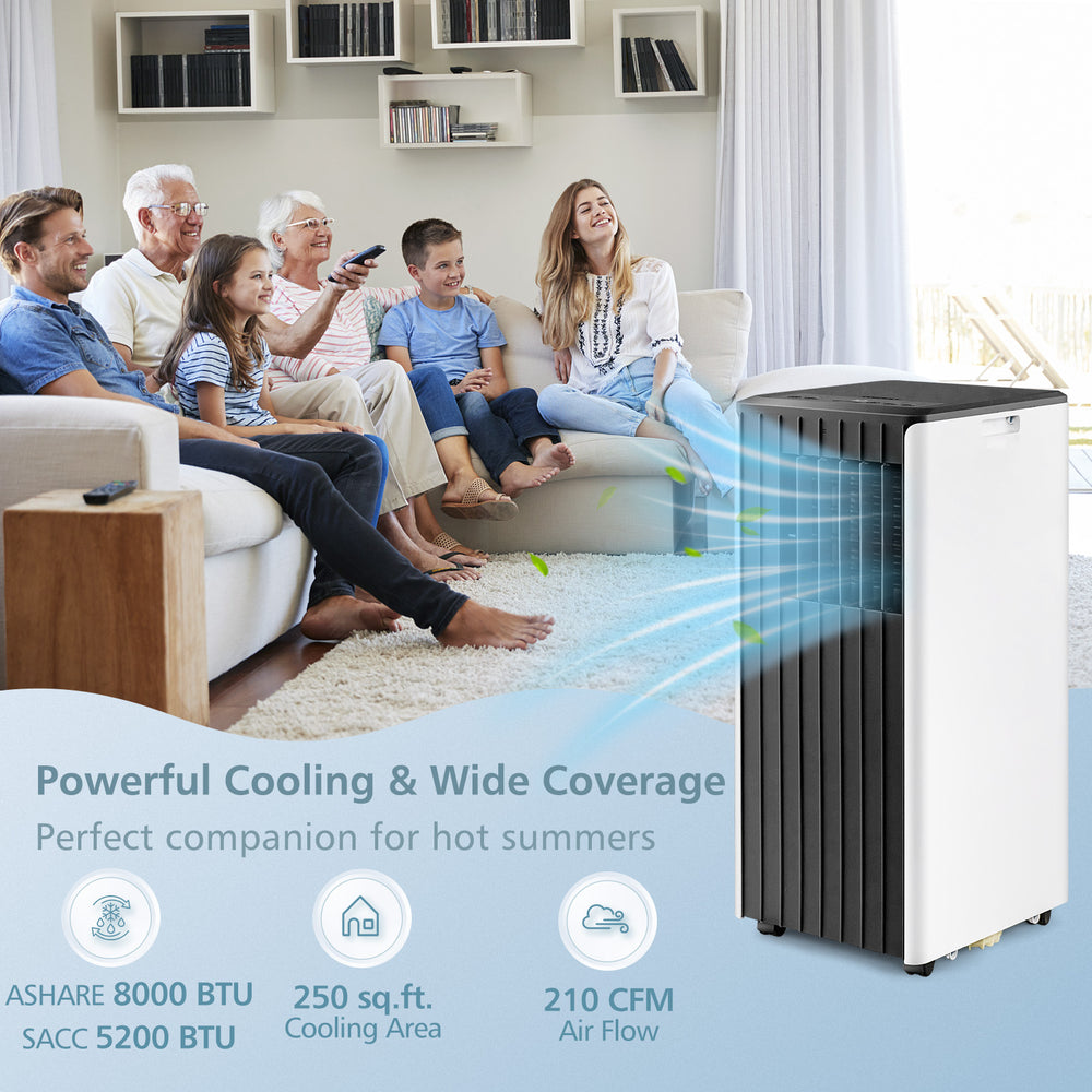 8000 BTU portable air conditioner in black and white, designed for powerful cooling in large areas, perfect for summer.