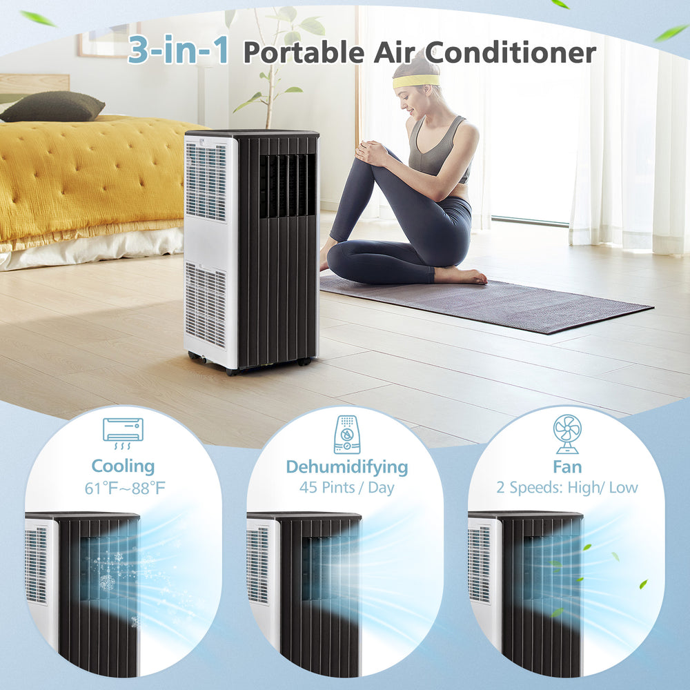 Portable air conditioner with cooling, dehumidifying, and fan modes, featuring a sleek black and white design for easy.