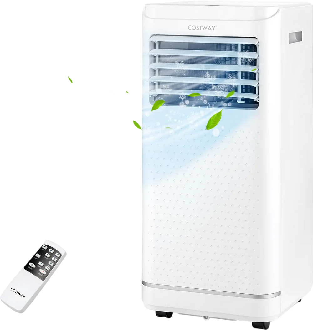 8000 BTU portable air conditioner with remote control, featuring cooling, dehumidifying, and fan modes for versatile.