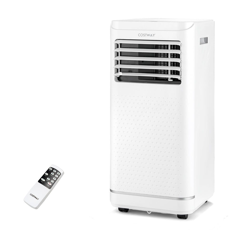 Portable 8000 BTU air conditioner with remote control, featuring cooling, dehumidifying, and fan modes for versatile.