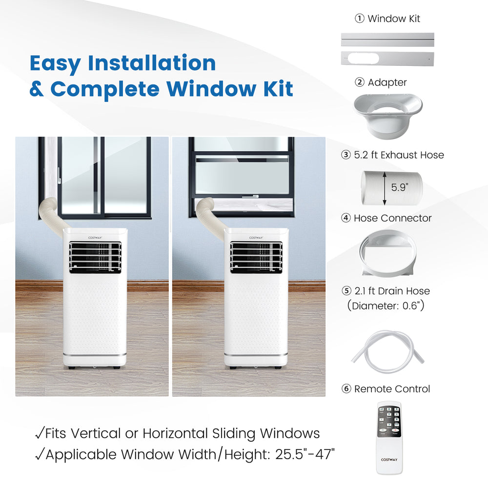 Portable air conditioner installation kit including exhaust hose, window kit, and drain hose for easy setup.