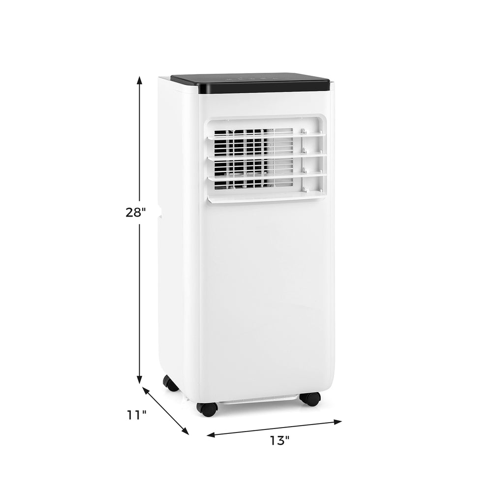 Portable 8000 BTU air conditioner with remote control, 28" tall, designed for cooling up to 250 sq. ft. with sleek.