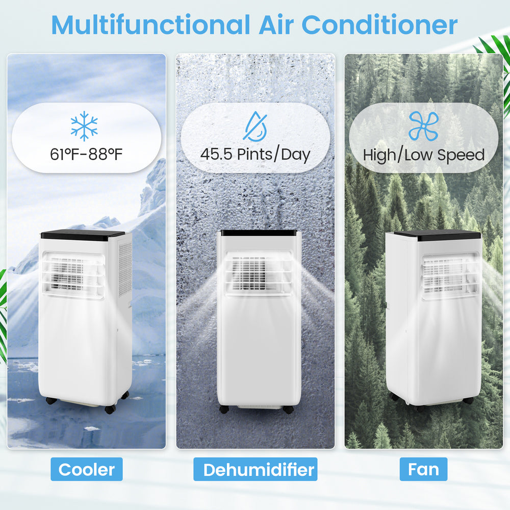 Portable air conditioner with remote control, 8000 BTU, functions as cooler, dehumidifier, and fan for 250 sq. ft.
