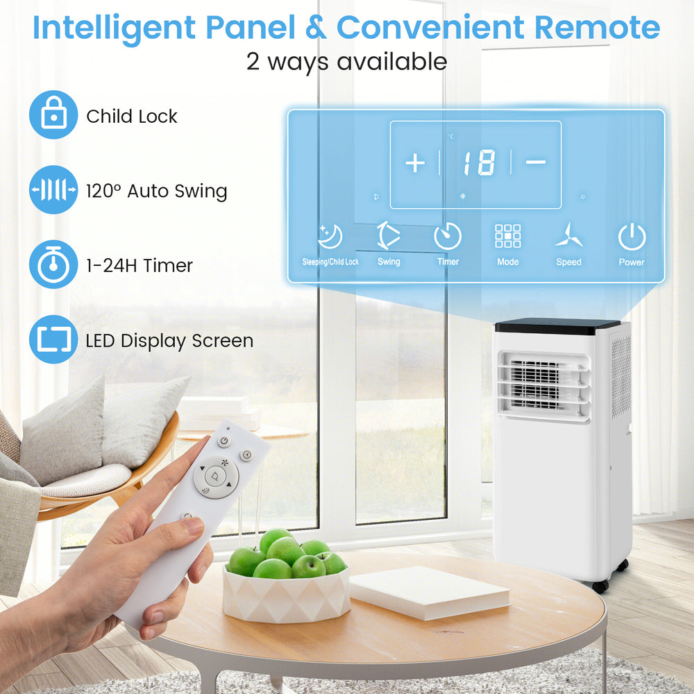 Portable 8000 BTU air conditioner with remote control, touch panel, and sleek design for efficient cooling in 250 sq.