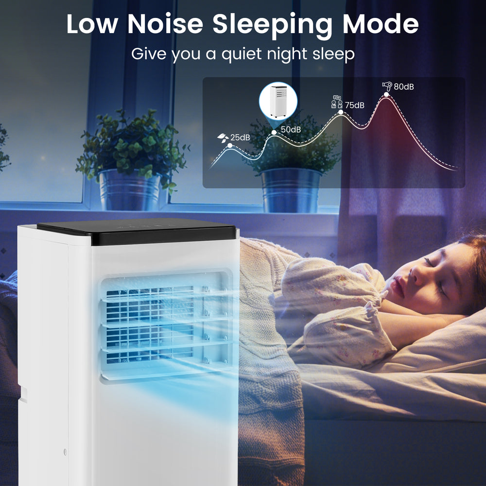 8000 BTU portable air conditioner with remote control, designed for quiet operation, ideal for cooling up to 250 sq. ft.