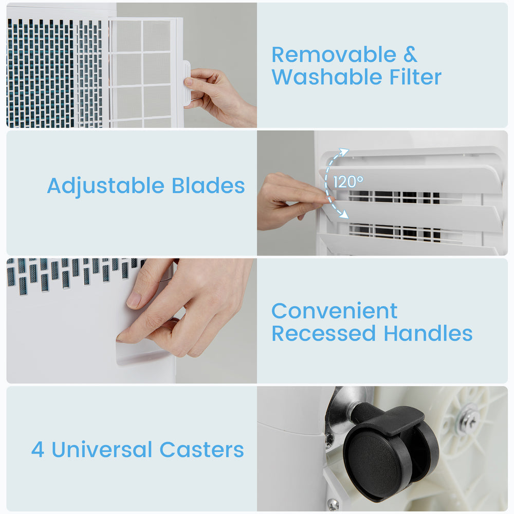 Detail of the 8000 BTU portable air conditioner's adjustable blades and removable filter for easy maintenance.