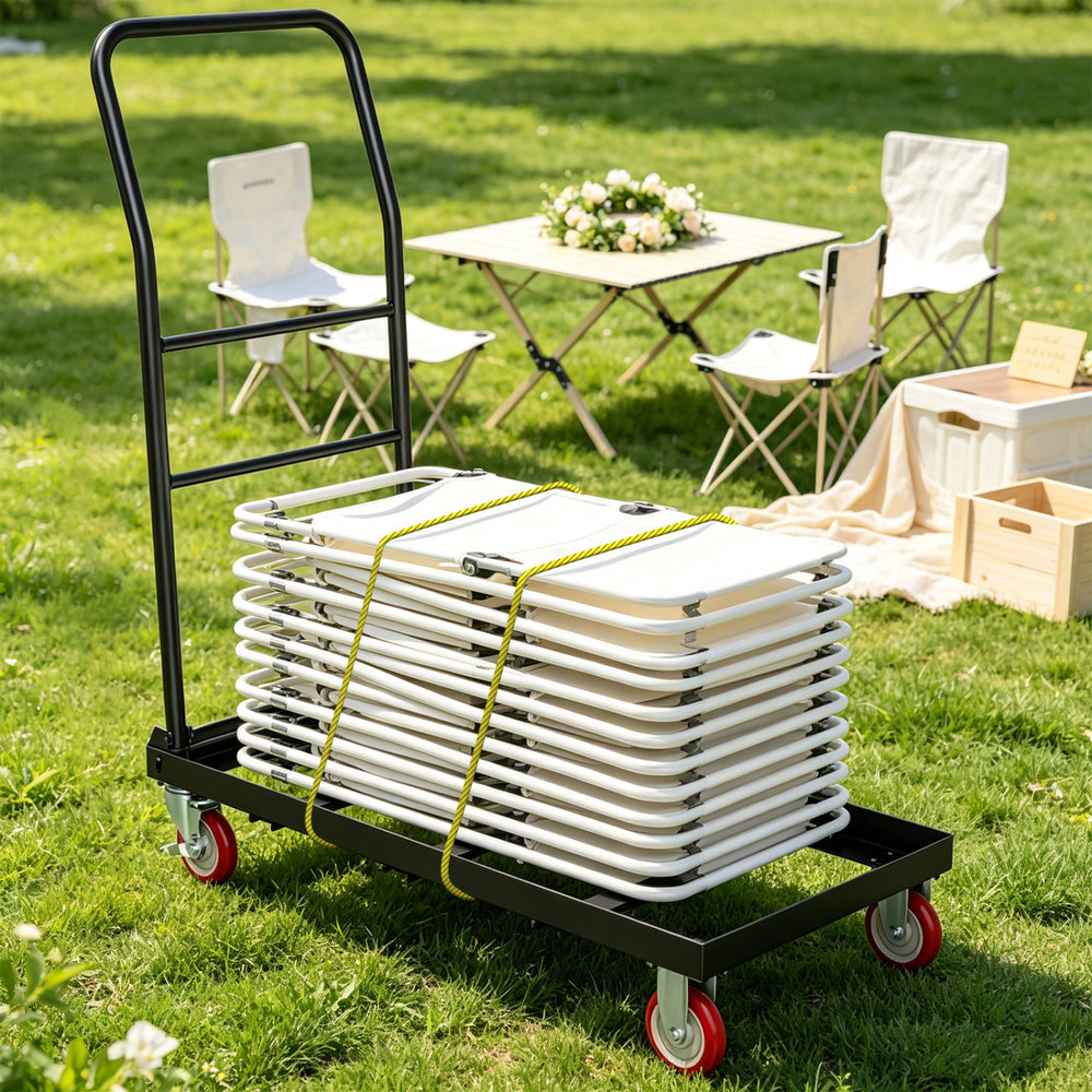 Folding hand truck in black with stacked trays, featuring a heavy load capacity of 800 lbs for easy transport.