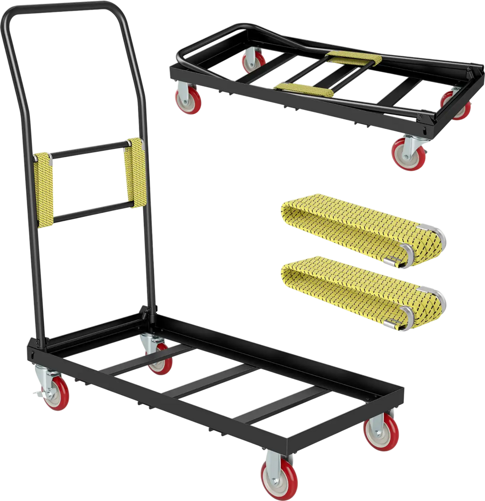 Folding hand truck with handle, 800 lbs capacity, featuring universal wheels and two elastic ropes for easy transport.