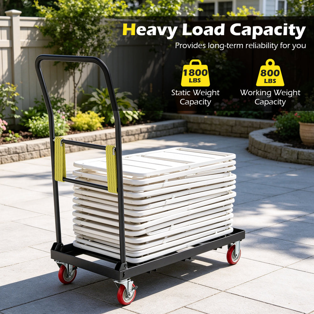 Folding hand truck with handle, black, supports 800 lbs working weight and features 1800 lbs static capacity for easy transport.