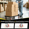 Folding hand truck with 800 lbs capacity features 2 brake swivel wheels and 2 fixed casters for easy transport.