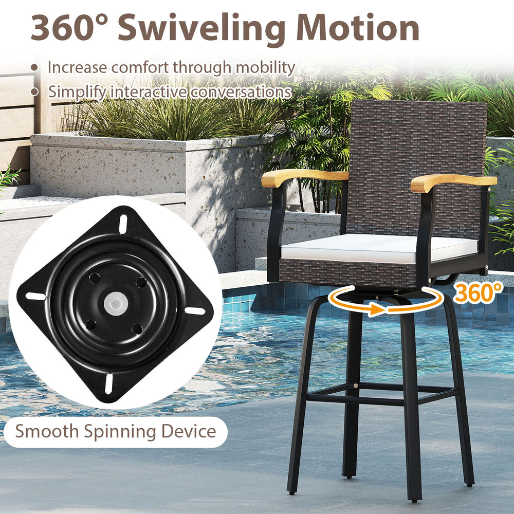 360° swivel bar stool featuring brown PE rattan, acacia wood armrests, and soft cushion, perfect for outdoor relaxation.