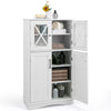 White floor cabinet with adjustable shelves, ideal for storing towels and toiletries in a modern bathroom.