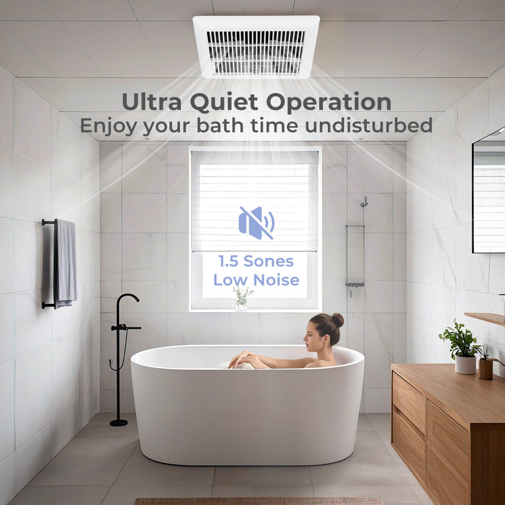 Ceiling mount bathroom exhaust fan with 80 CFM airflow and 1.5 sones low noise, perfect for tranquil bath time.