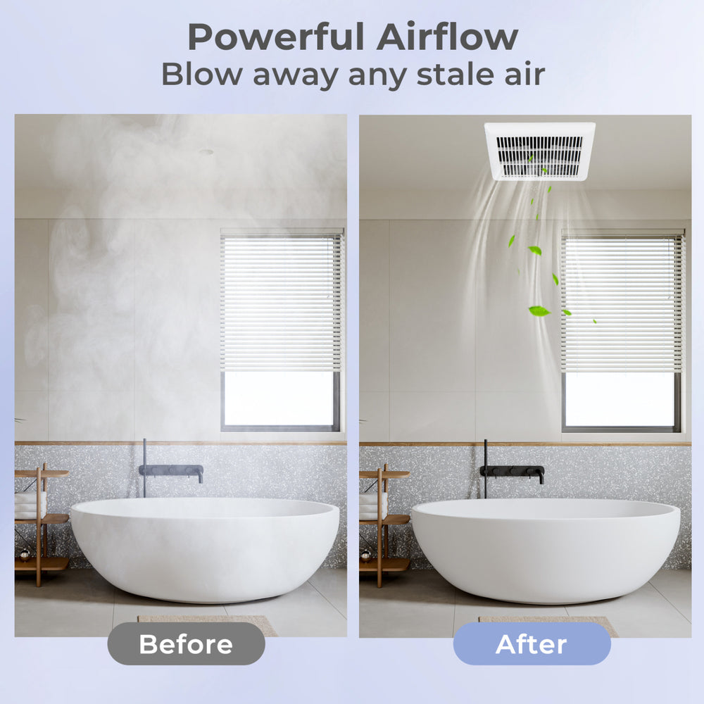 Ceiling mount bathroom exhaust fan showing powerful airflow before and after installation, ideal for rooms up to 90 sq.